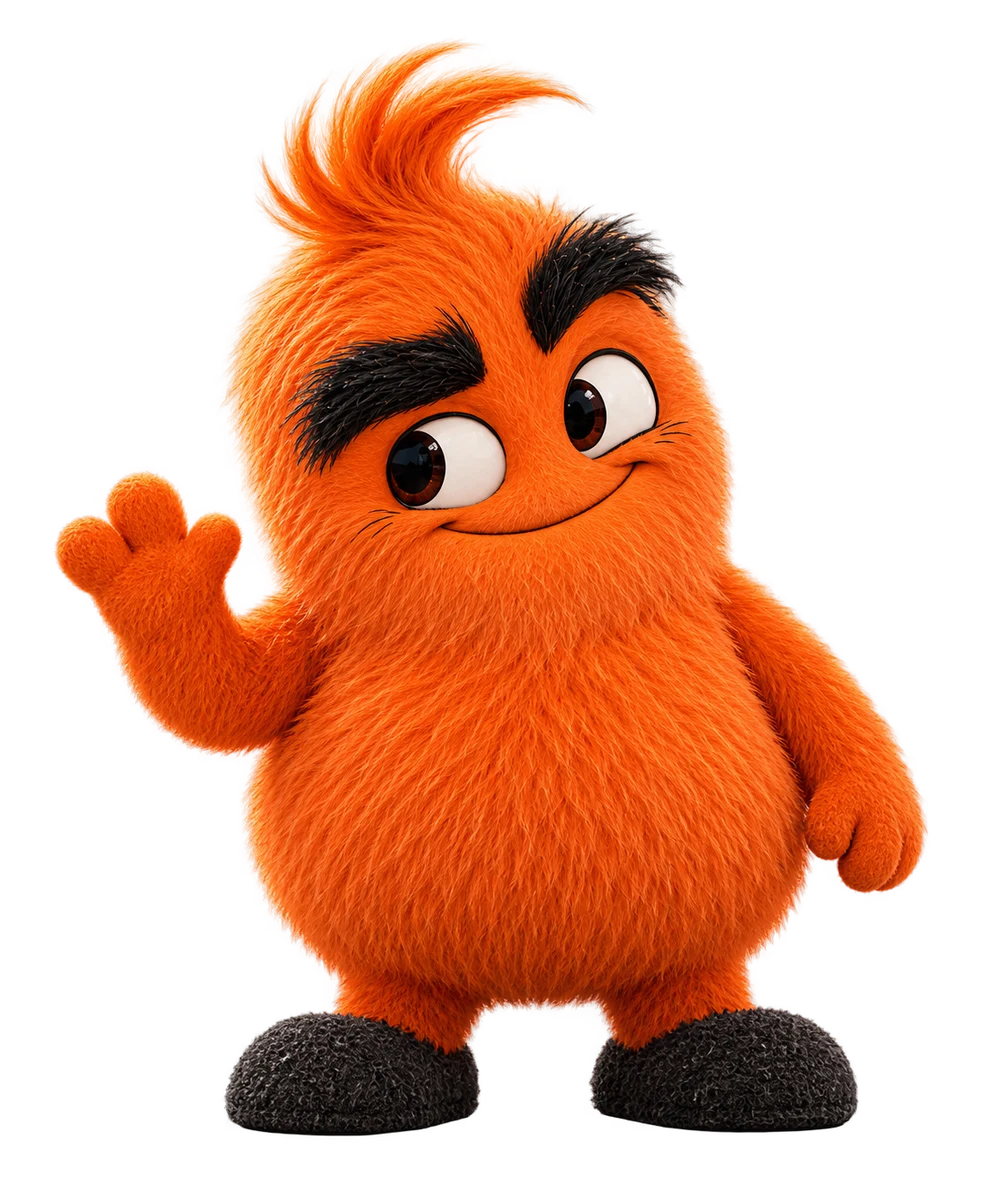 Meet Vuti: our orange, furry marketing colleague, with big eyebrows and a friendly wave.