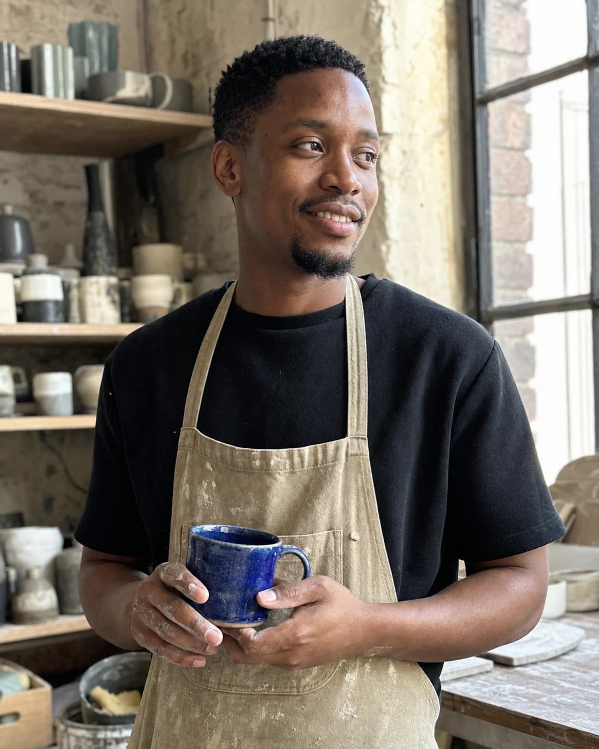 AI-generated example of a ceramicist holding a blue handmade cup in his studio.